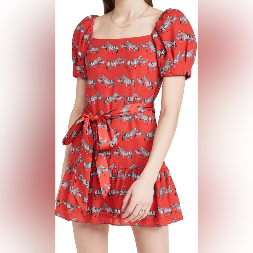 Alice + Olivia Collette Zebra Print Square Neck Puff Sleeve Dress